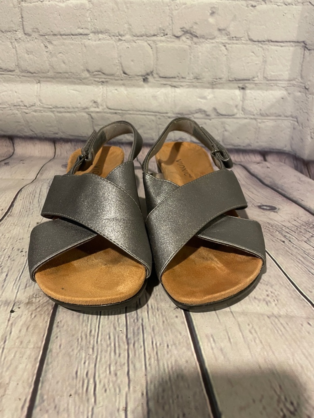 Vionic Metallic Gray Crisscross Slingback Wedge Sandals - Picture 3 of 10